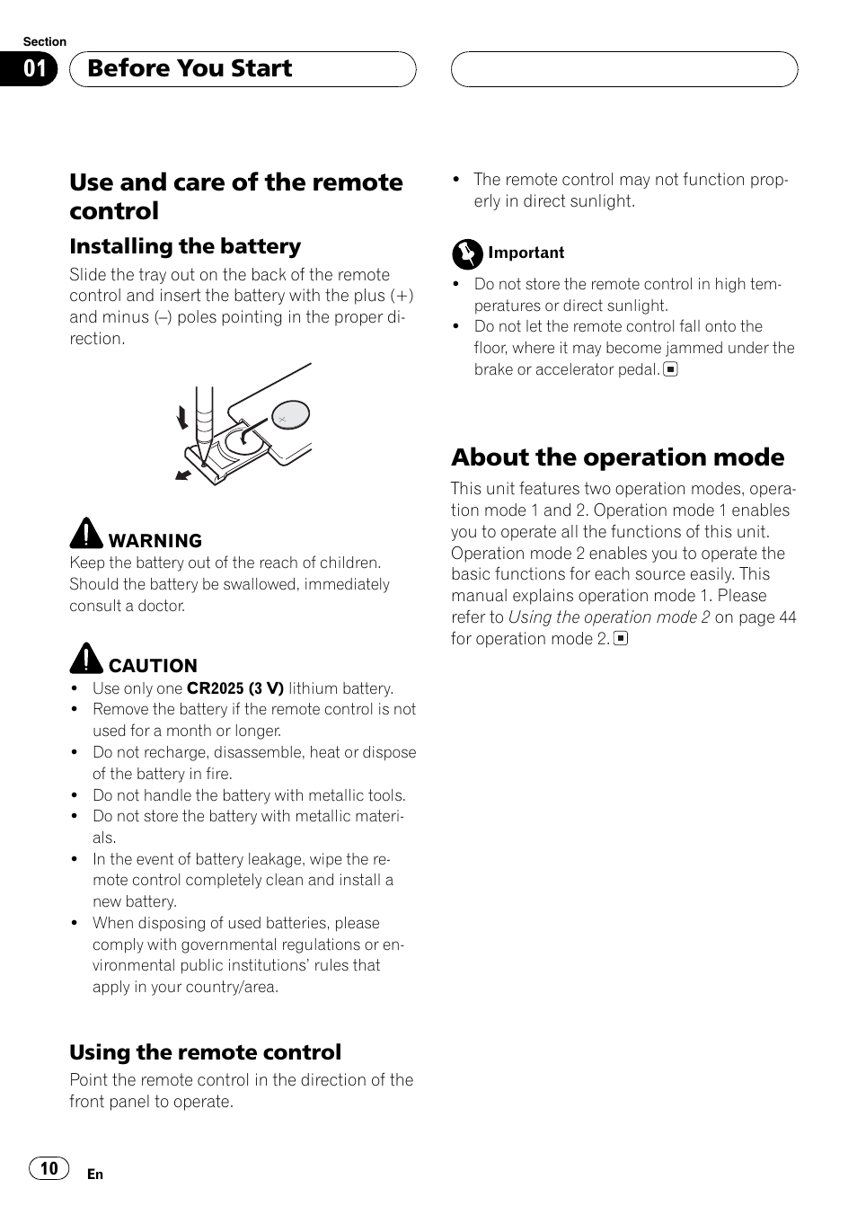 Operation mode 1 / 2, Use and care of the remote control, About the operation mode | Before you start | Sirius Satellite Radio DEH-P6700MP User Manual | Page 10 / 66