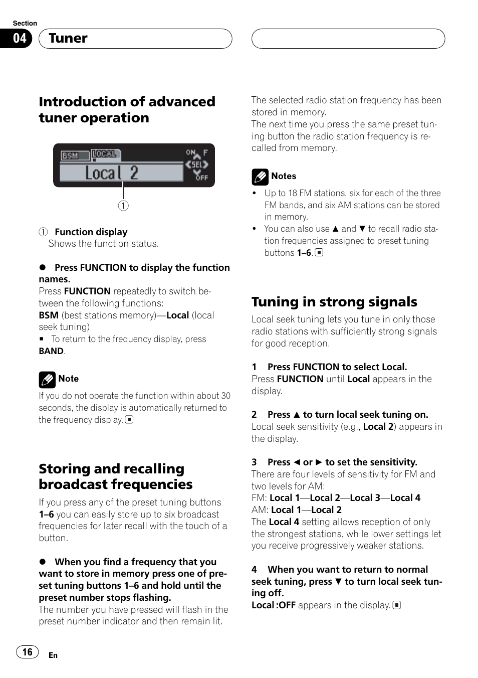 Storing / recalling presets, Tuning strong stations, Introduction of advanced tuner operation | Storing and recalling broadcast frequencies, Tuning in strong signals, Tuner | Sirius Satellite Radio DEH-P6700MP User Manual | Page 16 / 66