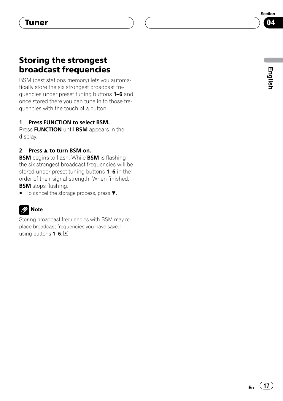 Storing the strongest stations, Storing the strongest broadcast frequencies, Tuner | Sirius Satellite Radio DEH-P6700MP User Manual | Page 17 / 66