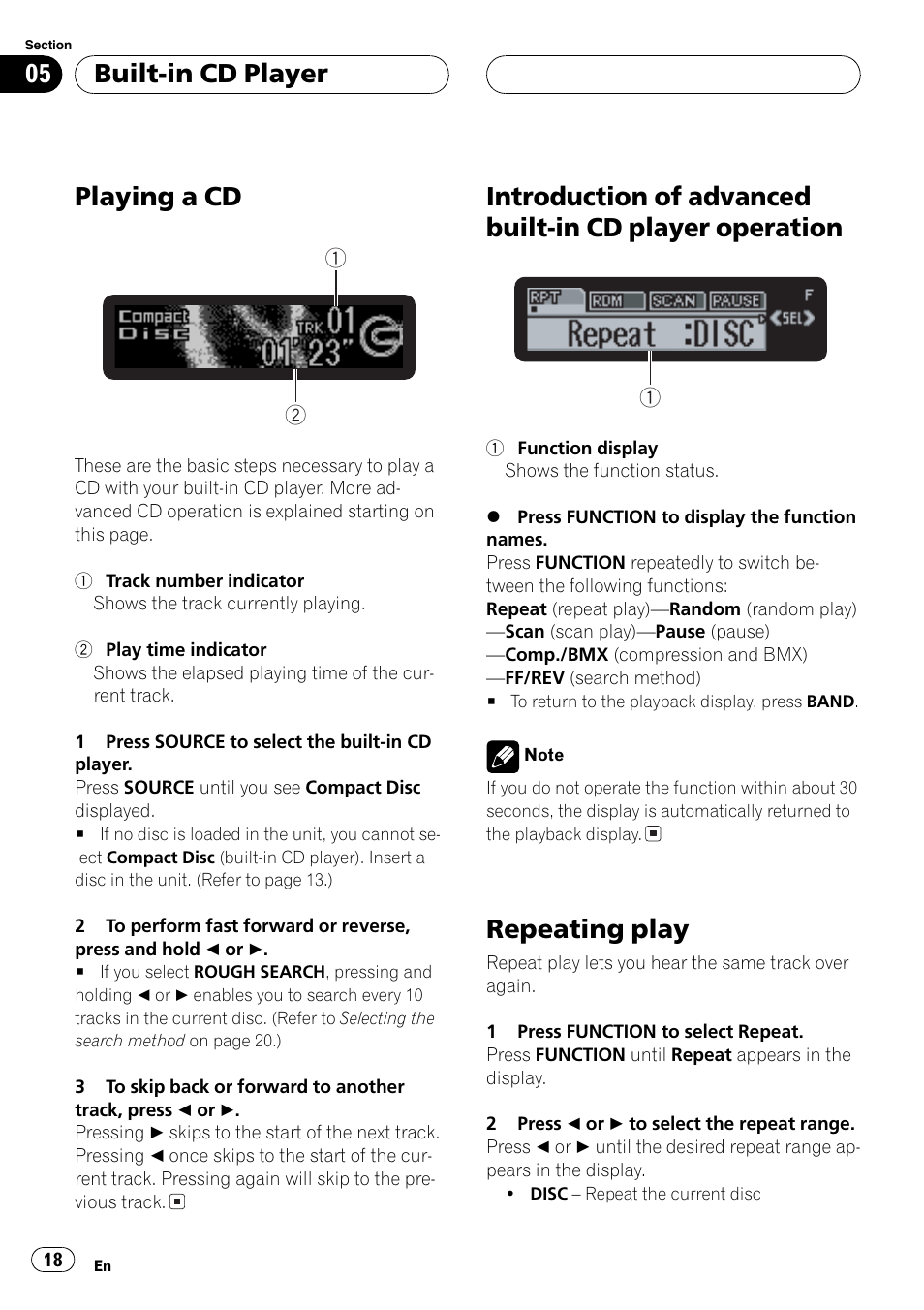 Cd operation, Selecting as the source, Fast forward / reverse | Track forward / back, Repeat, Playing a cd, Repeating play, Built-in cd player | Sirius Satellite Radio DEH-P6700MP User Manual | Page 18 / 66