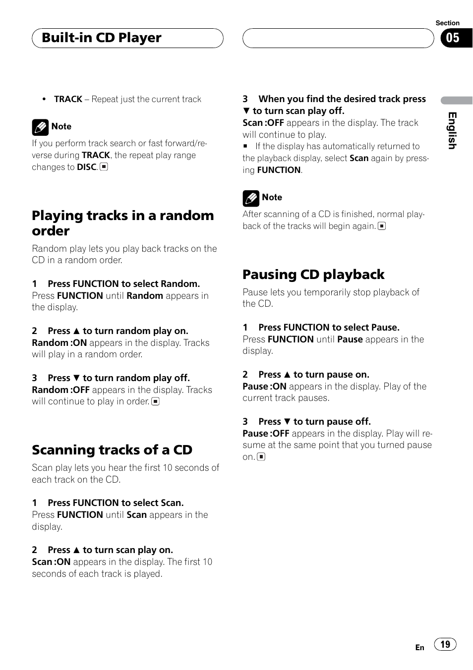 Random, Scan, Pause | Playing tracks in a random order, Scanning tracks of a cd, Pausing cd playback, Built-in cd player | Sirius Satellite Radio DEH-P6700MP User Manual | Page 19 / 66