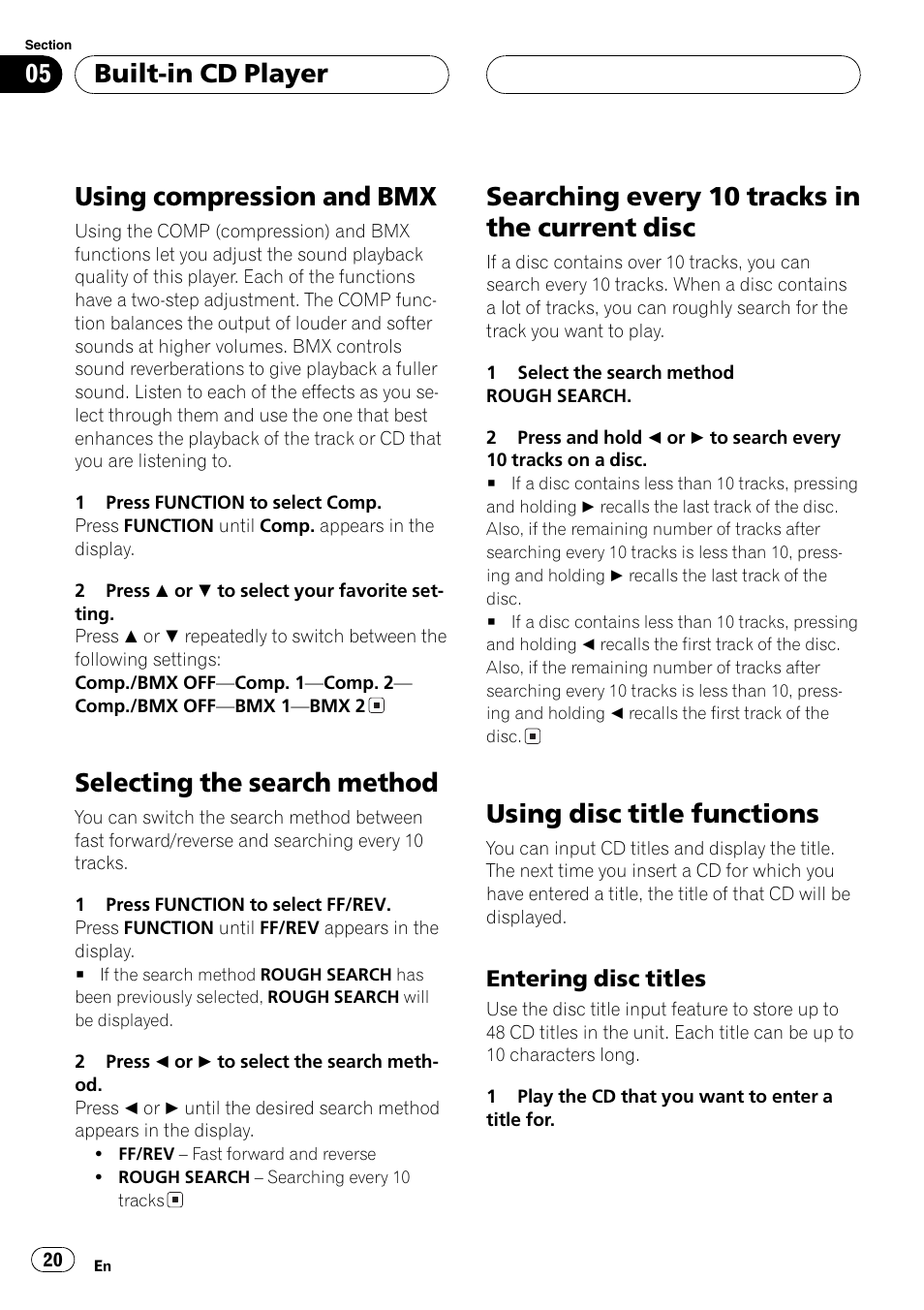 Comopression & bmx, Selecting the search method, Searching every ten tracks | Disc title, Using compression and bmx, Searching every 10 tracks in the current disc, Using disc title functions, Built-in cd player | Sirius Satellite Radio DEH-P6700MP User Manual | Page 20 / 66