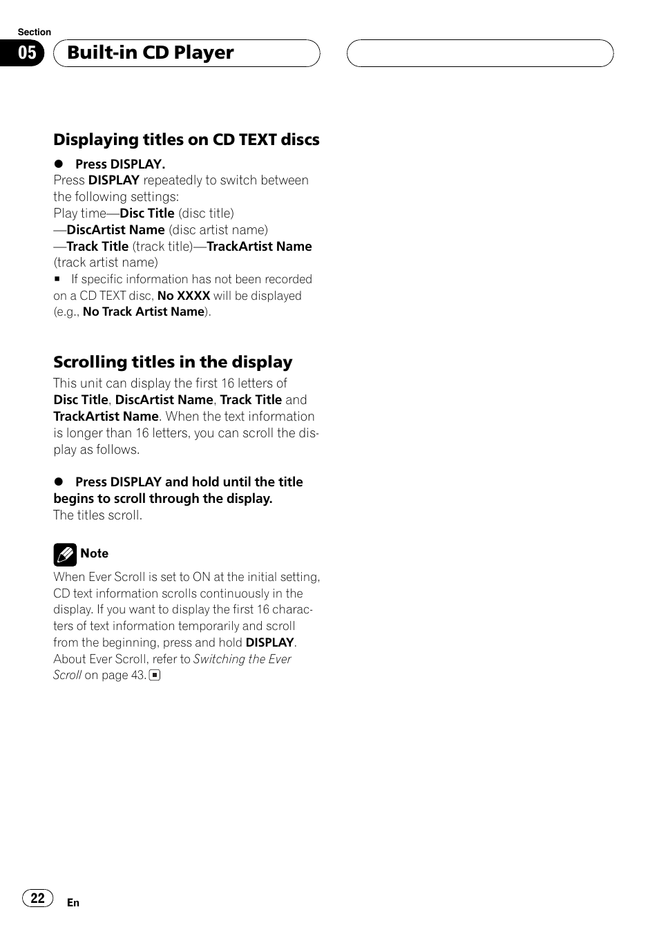Scrolling titles, Built-in cd player, Displaying titles on cd text discs | Scrolling titles in the display | Sirius Satellite Radio DEH-P6700MP User Manual | Page 22 / 66