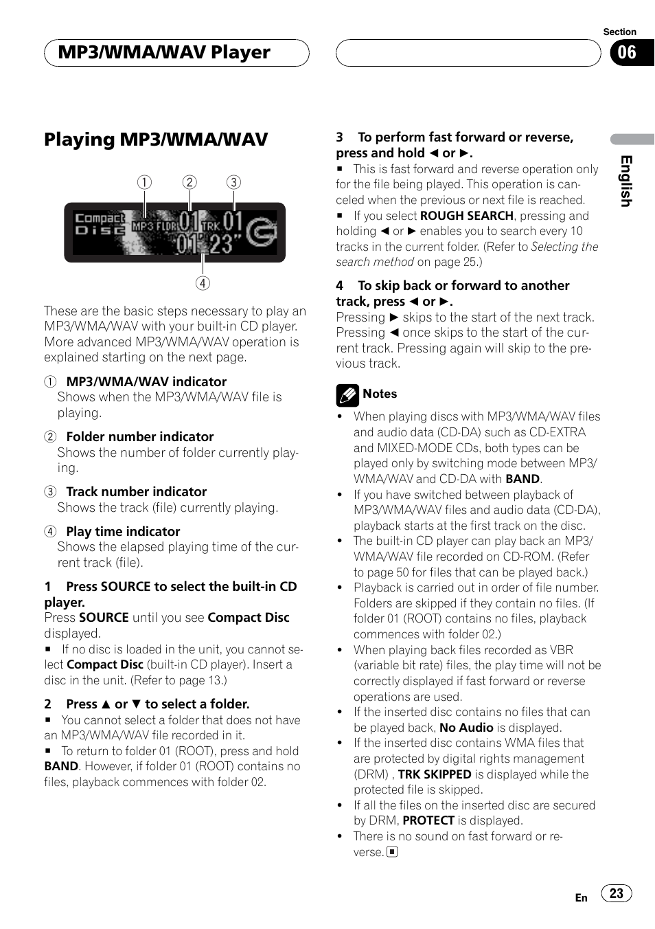 Mp3 / wma / wav operation, Selecting as the source, Folder select | Fast forward / reverse, Track forward / back, Playback notes, Playing mp3/wma/wav, Mp3/wma/wav player | Sirius Satellite Radio DEH-P6700MP User Manual | Page 23 / 66