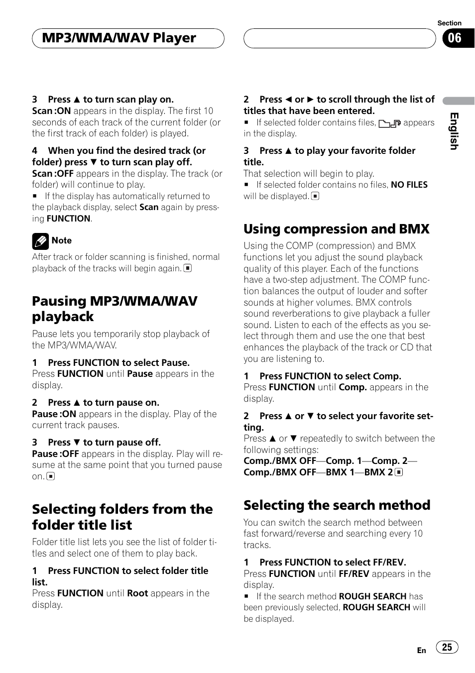 Pause, Selecting folders from the title list, Compression & bmx | Selecting the search method, Pausing mp3/wma/wav playback, Selecting folders from the folder title list, Using compression and bmx, Mp3/wma/wav player | Sirius Satellite Radio DEH-P6700MP User Manual | Page 25 / 66