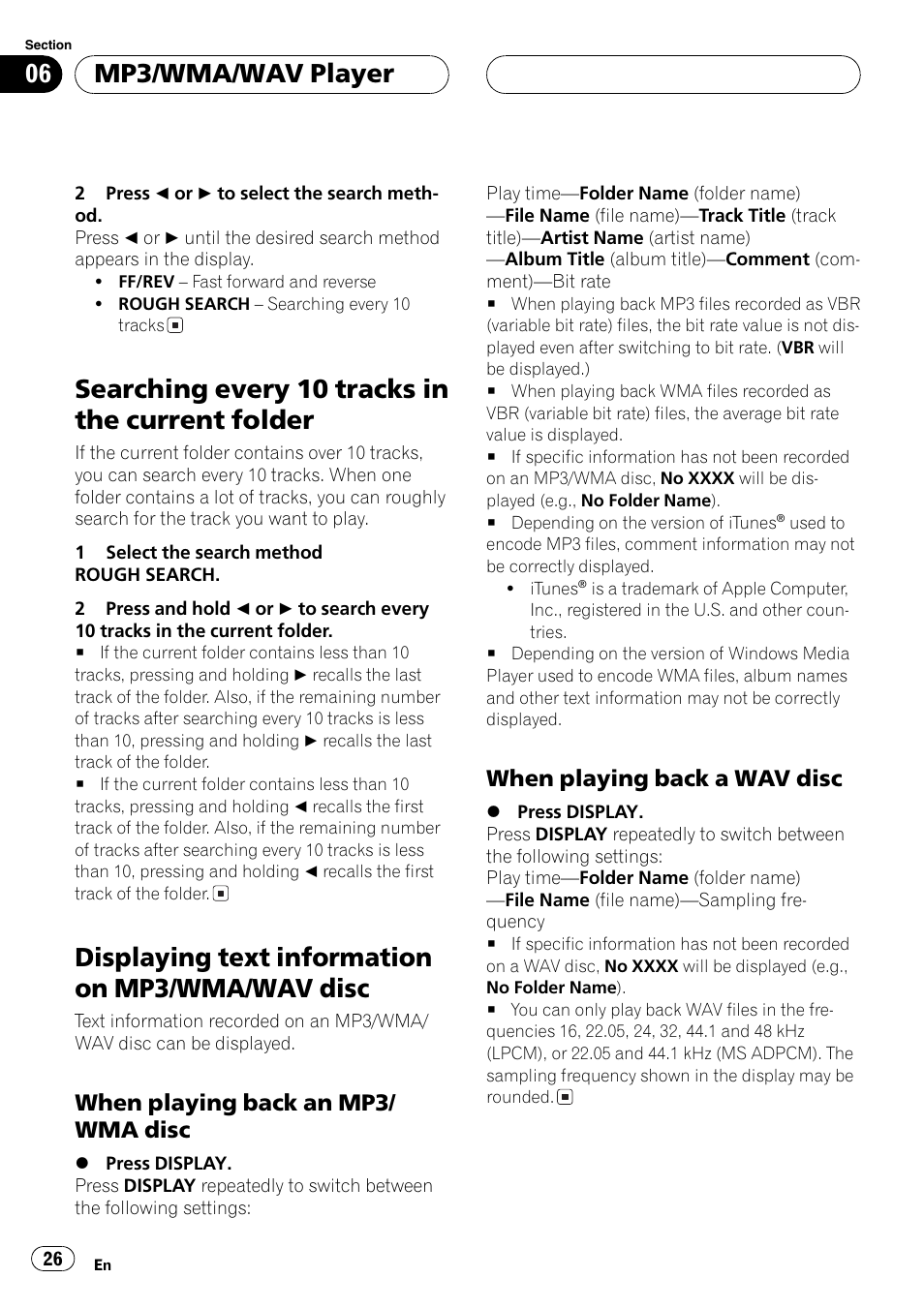 Searching every ten tracks, Displaying text, Searching every 10 tracks in the current folder | Displaying text information on mp3/wma/wav disc, Mp3/wma/wav player, When playing backan mp3/ wma disc, When playing backa wav disc | Sirius Satellite Radio DEH-P6700MP User Manual | Page 26 / 66