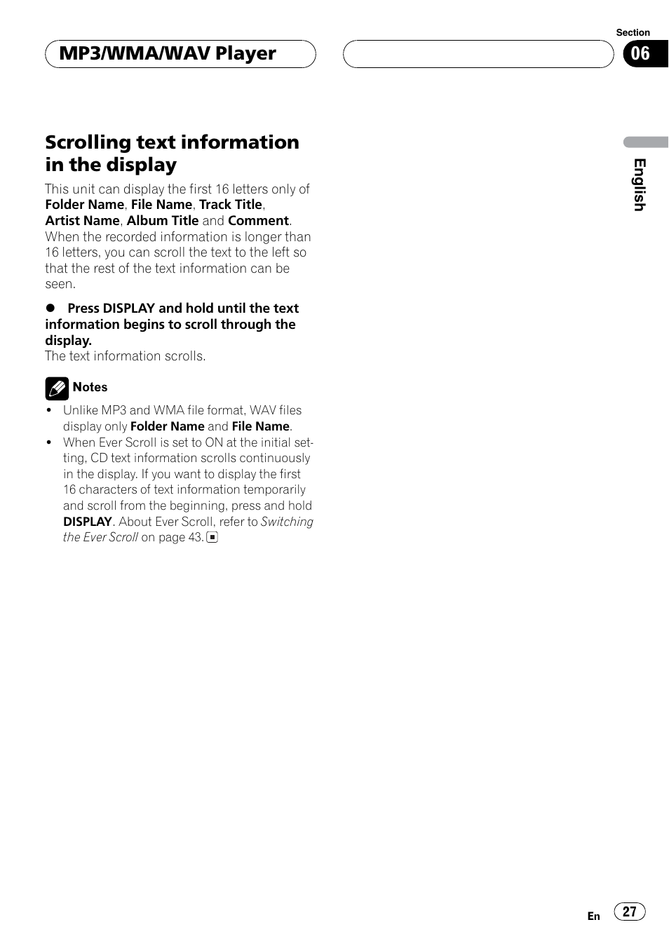 Scrolling text, Scrolling text information in the display, Mp3/wma/wav player | Sirius Satellite Radio DEH-P6700MP User Manual | Page 27 / 66
