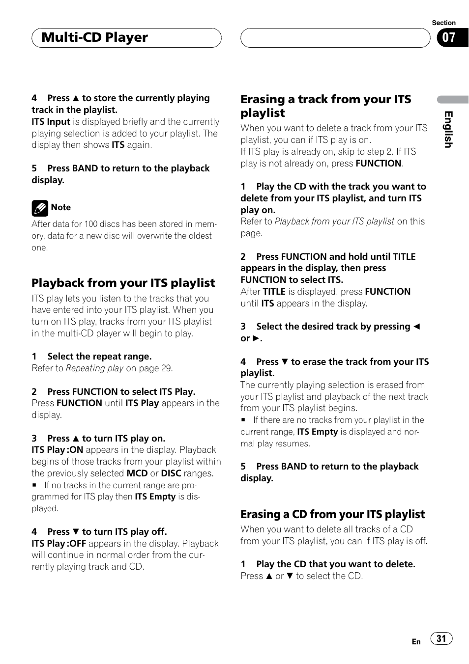 Multi-cd player, Playbackfrom your its playlist, Erasing a trackfrom your its playlist | Erasing a cd from your its playlist | Sirius Satellite Radio DEH-P6700MP User Manual | Page 31 / 66