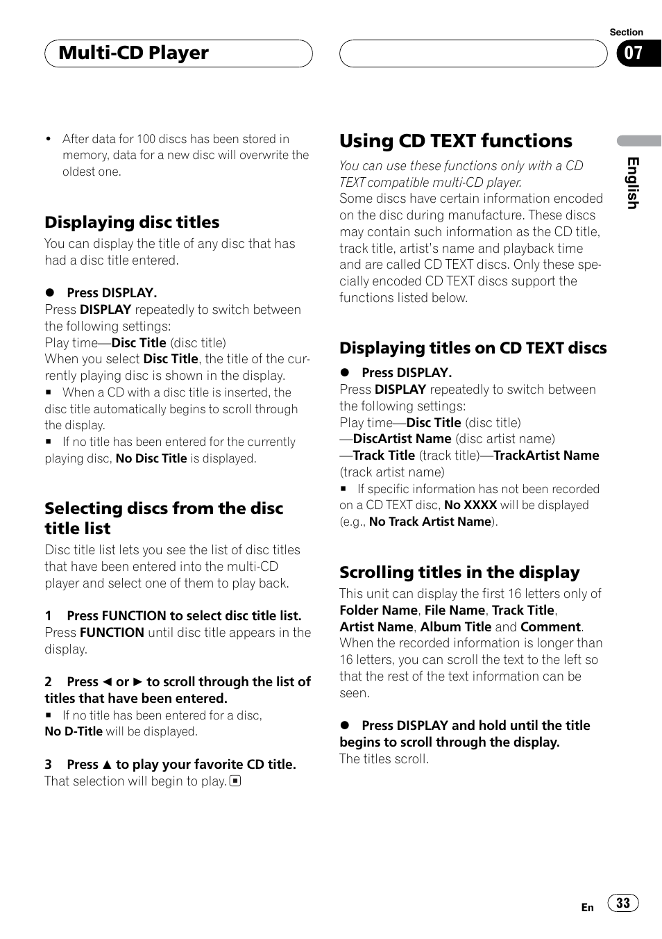 Cd text, Scrolling titles, Using cd text functions | Multi-cd player, Displaying disc titles, Selecting discs from the disc title list, Displaying titles on cd text discs, Scrolling titles in the display | Sirius Satellite Radio DEH-P6700MP User Manual | Page 33 / 66