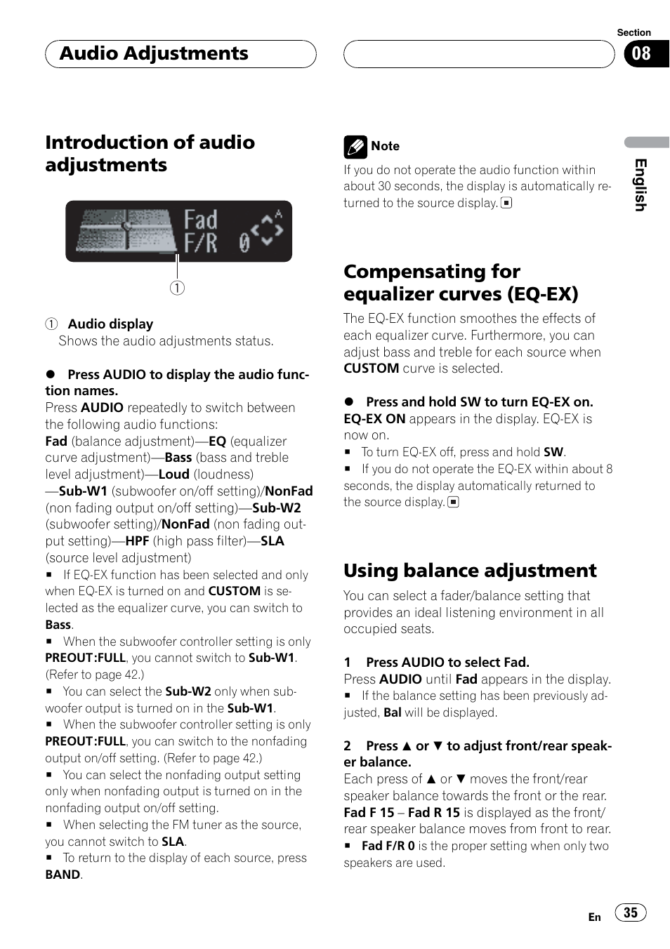 Audio adjustments, Eq-ex, Balance / fader | Introduction of audio adjustments, Compensating for equalizer curves (eq-ex), Using balance adjustment | Sirius Satellite Radio DEH-P6700MP User Manual | Page 35 / 66