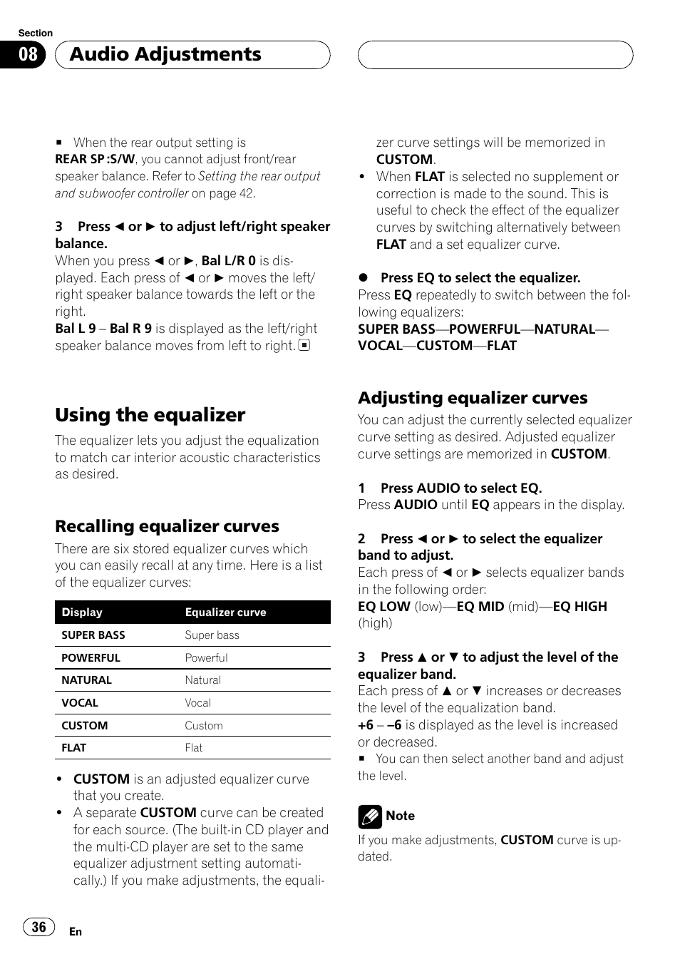 Using the eq, Using the equalizer, Audio adjustments | Recalling equalizer curves, Adjusting equalizer curves | Sirius Satellite Radio DEH-P6700MP User Manual | Page 36 / 66