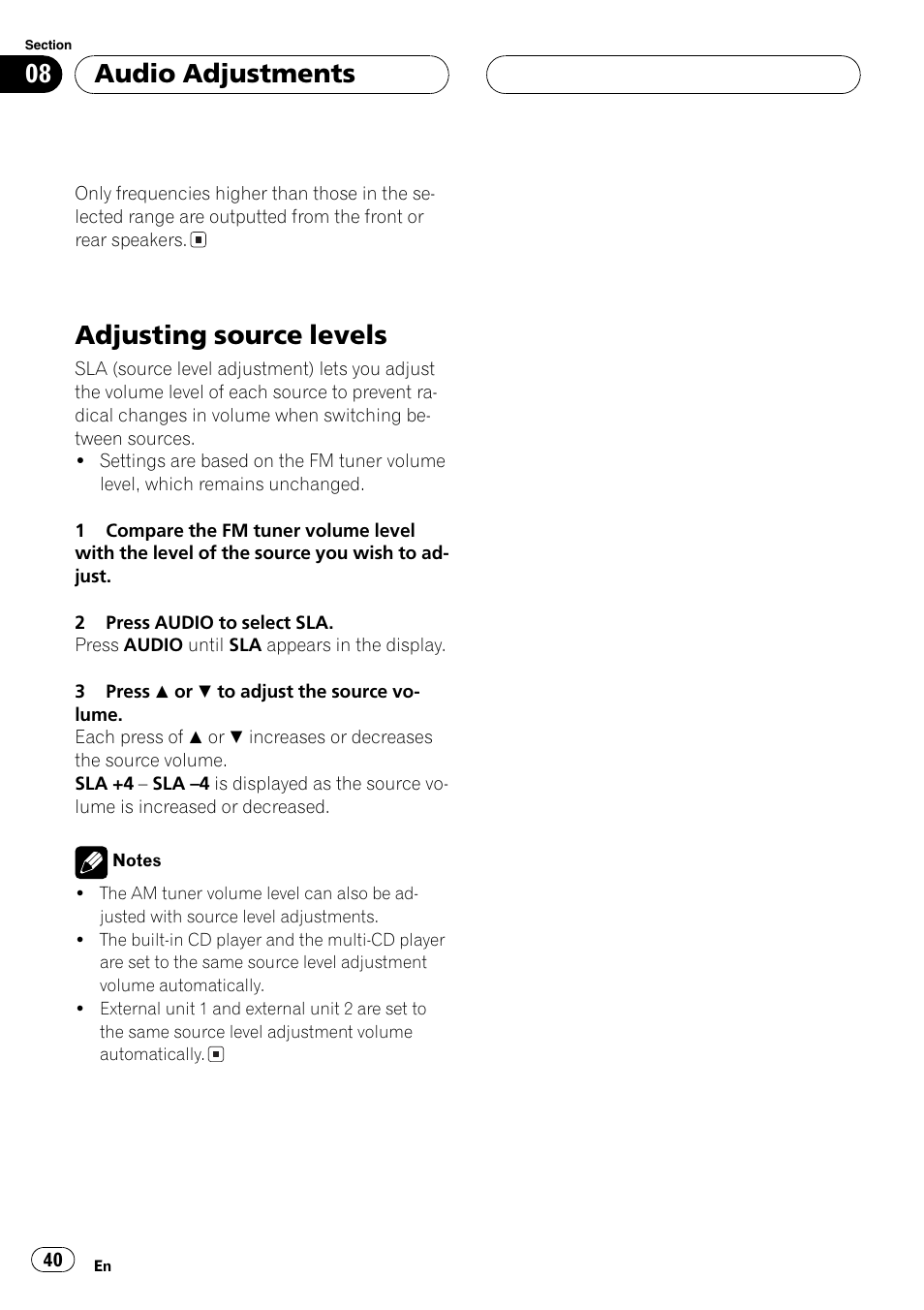 Adjusting source levels, Audio adjustments | Sirius Satellite Radio DEH-P6700MP User Manual | Page 40 / 66