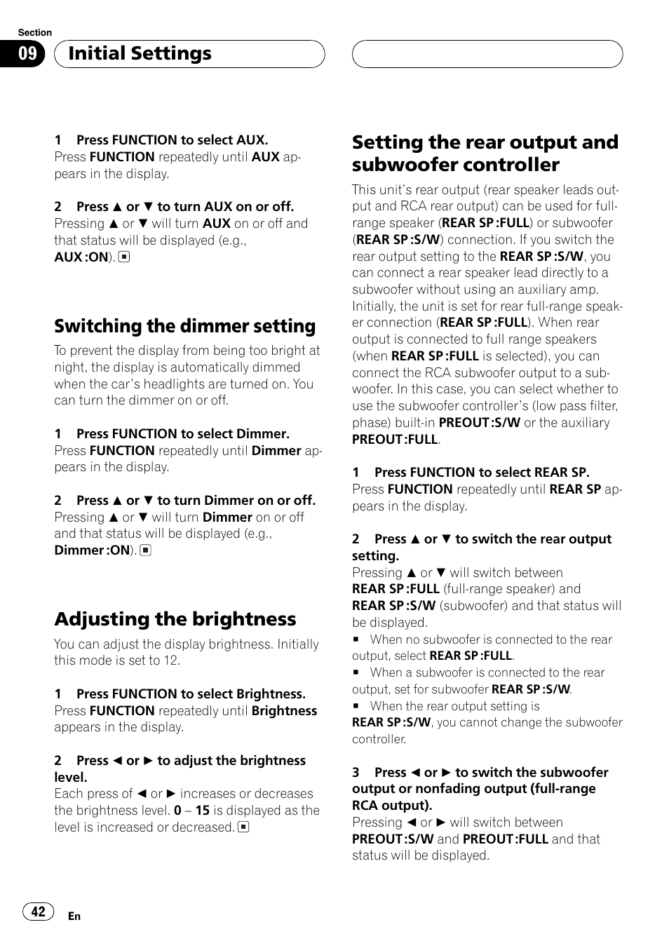 Dimmer on / off, Brightness, Rear output / subwoofer controller | Switching the dimmer setting, Adjusting the brightness, Setting the rear output and subwoofer controller, Initial settings | Sirius Satellite Radio DEH-P6700MP User Manual | Page 42 / 66