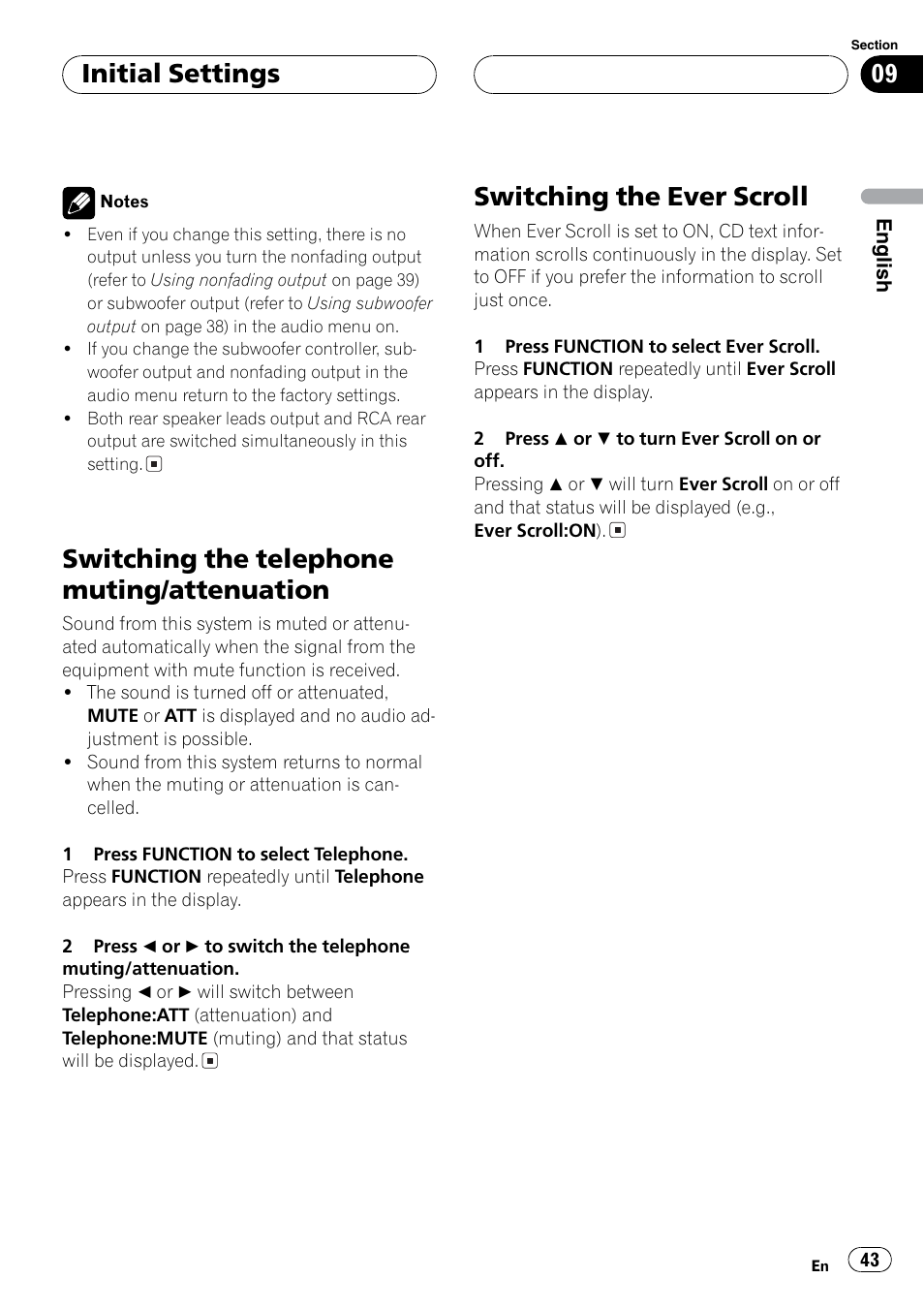 Tel mute / att, Ever scroll, Switching the telephone muting/attenuation | Switching the ever scroll, Initial settings | Sirius Satellite Radio DEH-P6700MP User Manual | Page 43 / 66
