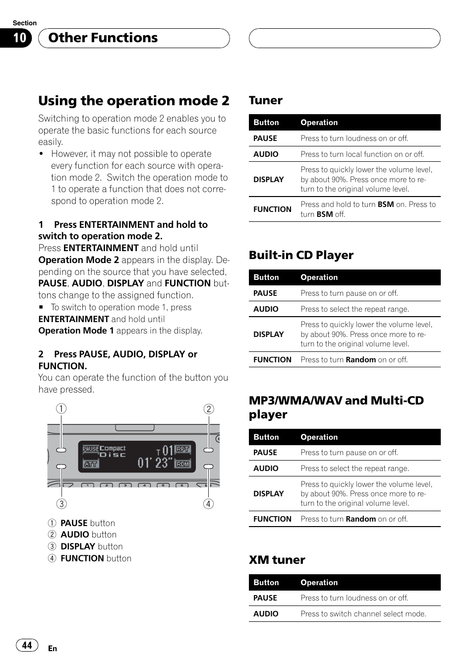Using operation mode 2, Using the operation mode 2, Other functions | Tuner, Built-in cd player, Mp3/wma/wav and multi-cd player, Xm tuner | Sirius Satellite Radio DEH-P6700MP User Manual | Page 44 / 66