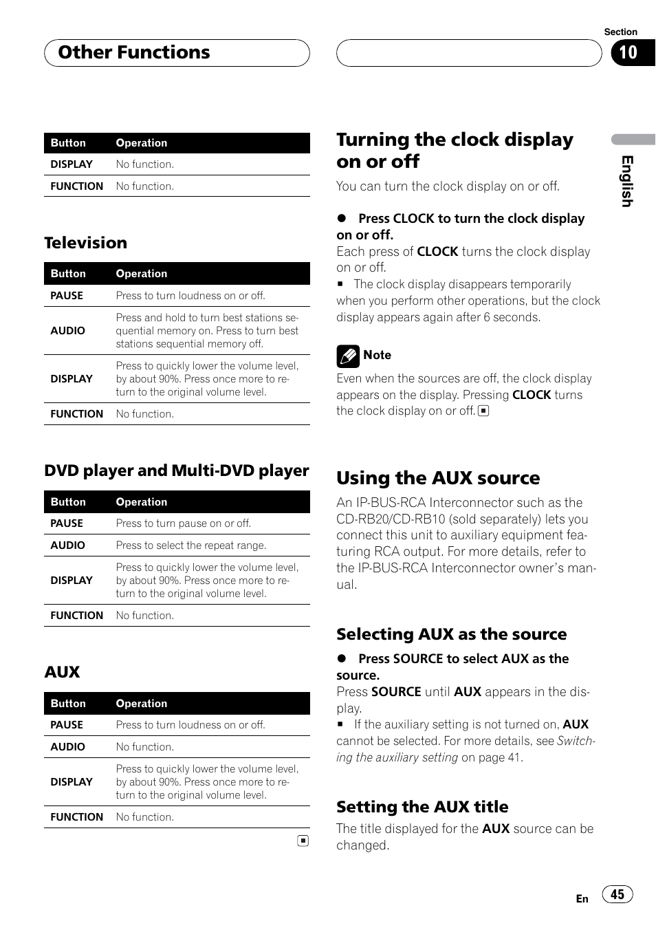 Clock display on / off, Using aux source, Turning the clockdisplay on or off | Using the aux source, Other functions, Television, Dvd player and multi-dvd player, Selecting aux as the source, Setting the aux title, English | Sirius Satellite Radio DEH-P6700MP User Manual | Page 45 / 66