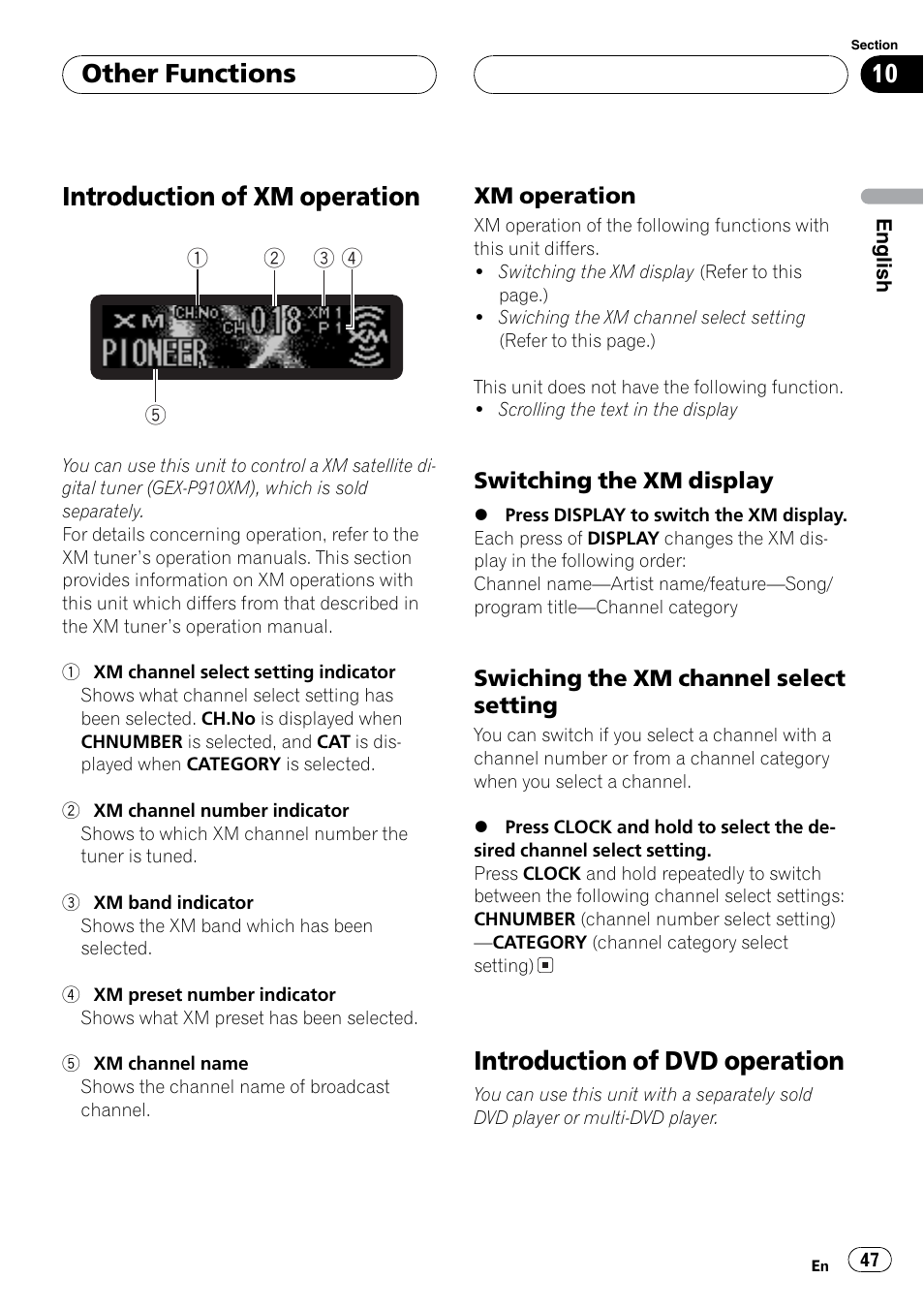 Xm / dvd control, Introduction of xm operation, Introduction of dvd operation | Other functions | Sirius Satellite Radio DEH-P6700MP User Manual | Page 47 / 66
