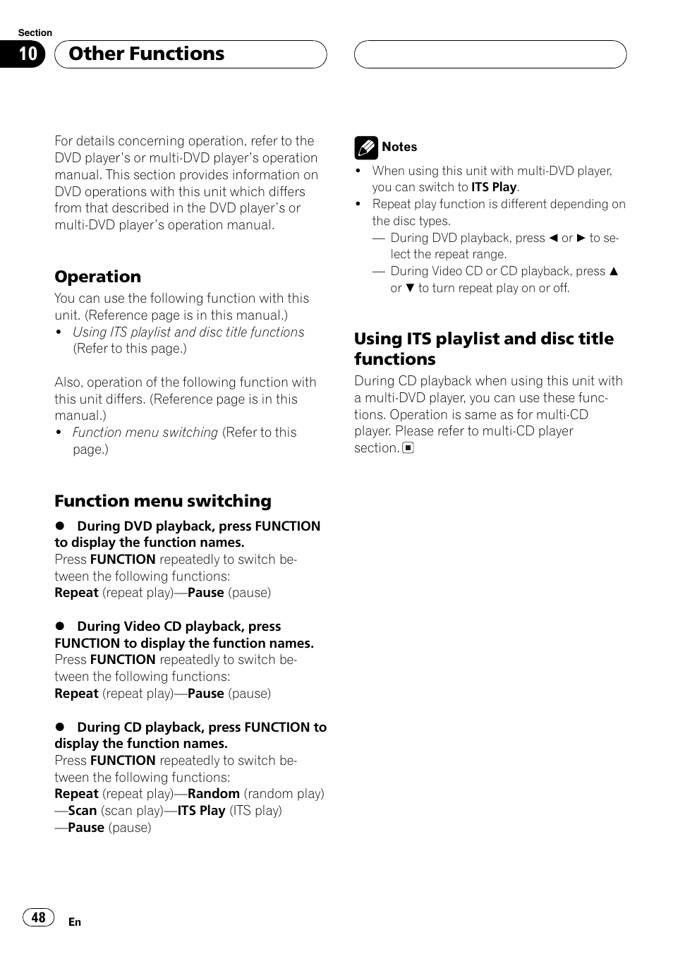 Other functions, Operation, Function menu switching | Using its playlist and disc title functions | Sirius Satellite Radio DEH-P6700MP User Manual | Page 48 / 66