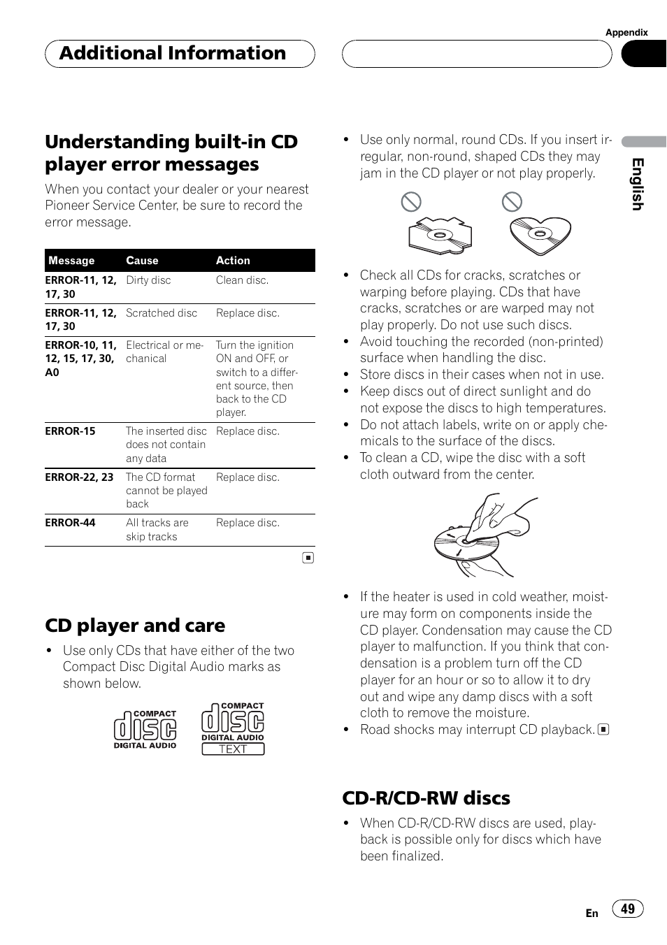 Disc compatibility, Error messages, Understanding built-in cd player error messages | Cd player and care, Cd-r/cd-rw discs, Additional information | Sirius Satellite Radio DEH-P6700MP User Manual | Page 49 / 66