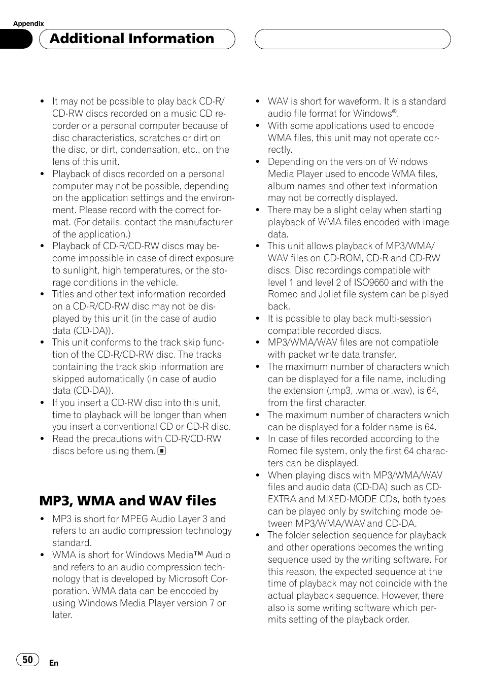 Additional format info, Mp3, wma and wav files, Additional information | Sirius Satellite Radio DEH-P6700MP User Manual | Page 50 / 66