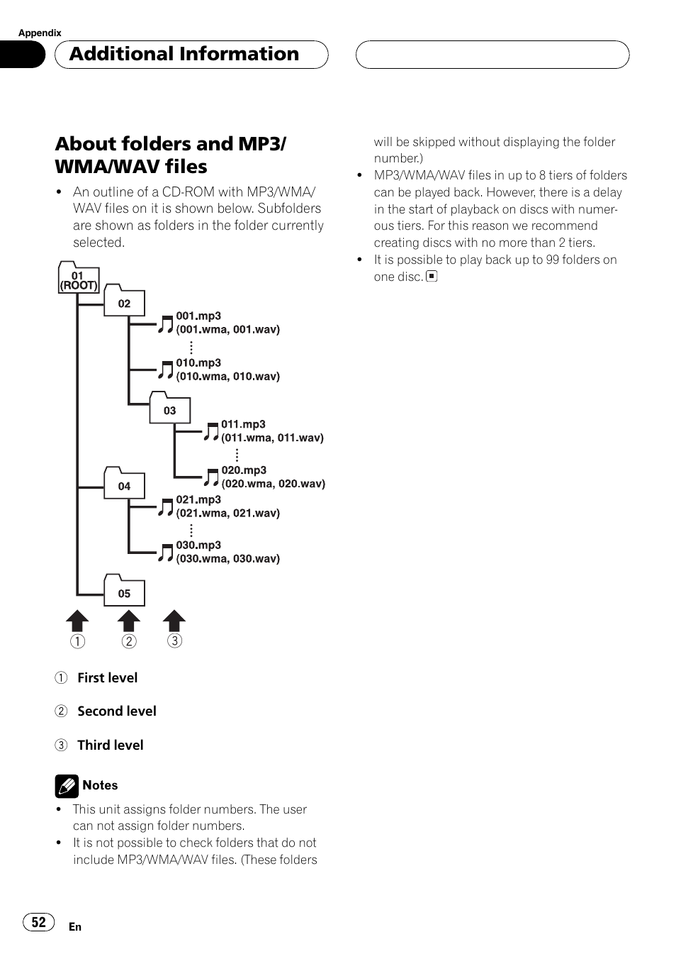 About folders and mp3/ wma/wav files, Additional information | Sirius Satellite Radio DEH-P6700MP User Manual | Page 52 / 66