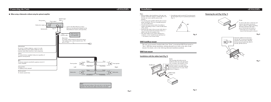 Din mount, Removing trim ring / unit, Din front/rear-mount | Din front-mount, Removing the unit (fig. 6) (fig. 7), Installation with the rubber bush (fig. 5) | Sirius Satellite Radio DEH-P6700MP User Manual | Page 61 / 66