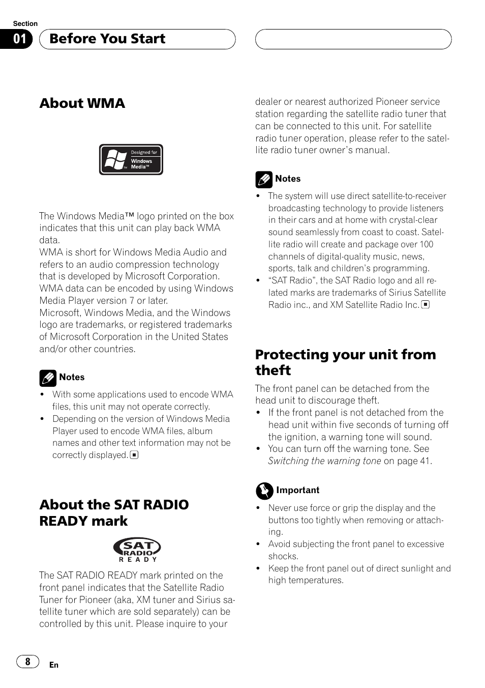 About wma, About the sat radio ready mark, Protecting your unit from theft | Before you start | Sirius Satellite Radio DEH-P6700MP User Manual | Page 8 / 66