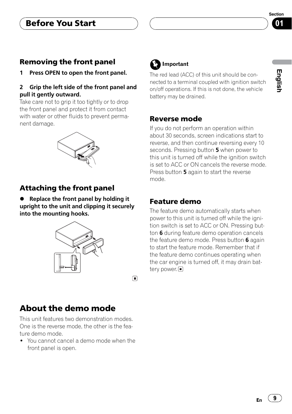 Removing / attaching faceplate, Demo mode, About the demo mode | Before you start | Sirius Satellite Radio DEH-P6700MP User Manual | Page 9 / 66