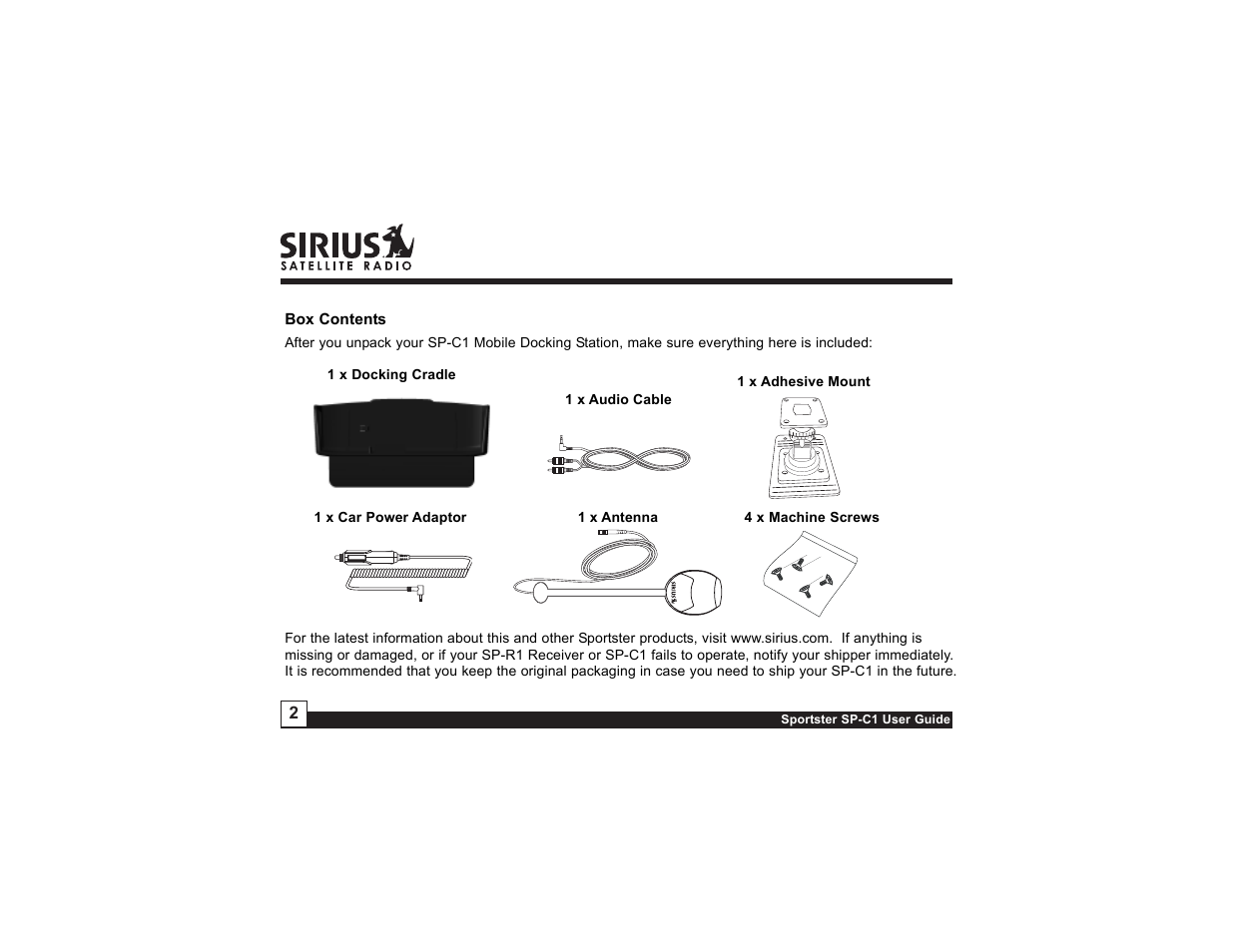 Sirius Satellite Radio Sportster SP-C1 User Manual | Page 2 / 12