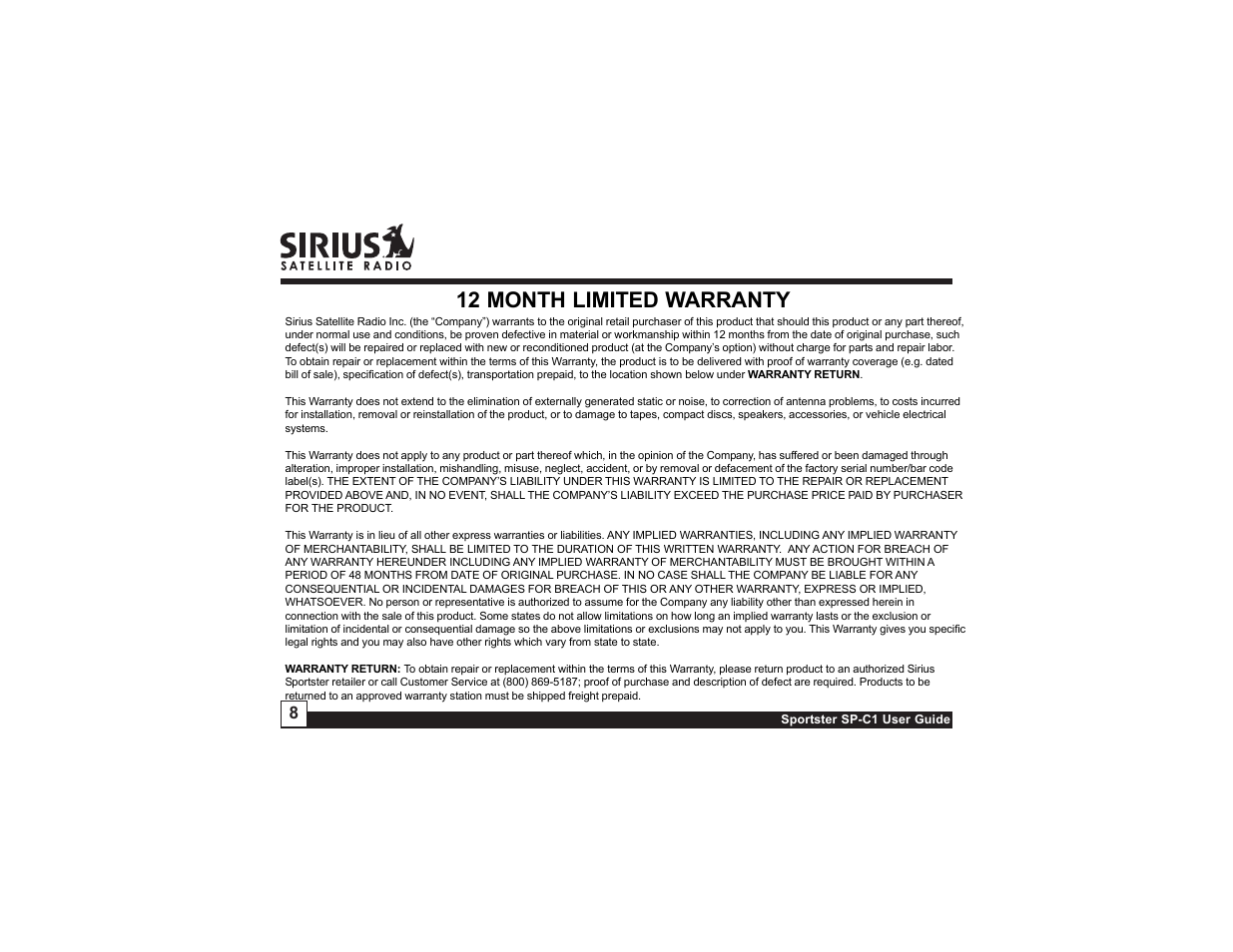 12 month limited warranty | Sirius Satellite Radio Sportster SP-C1 User Manual | Page 8 / 12