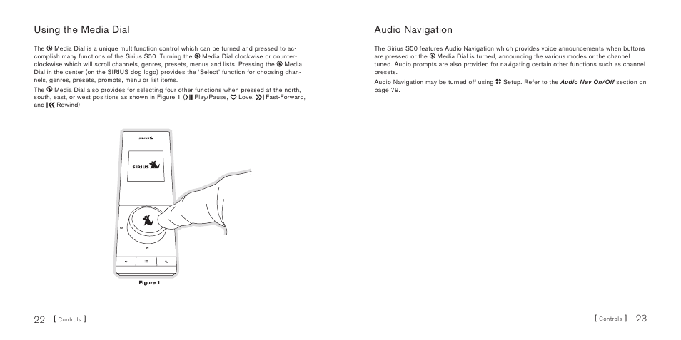 Using the media dial, Audio navigation | Sirius Satellite Radio S50 User Manual | Page 13 / 58