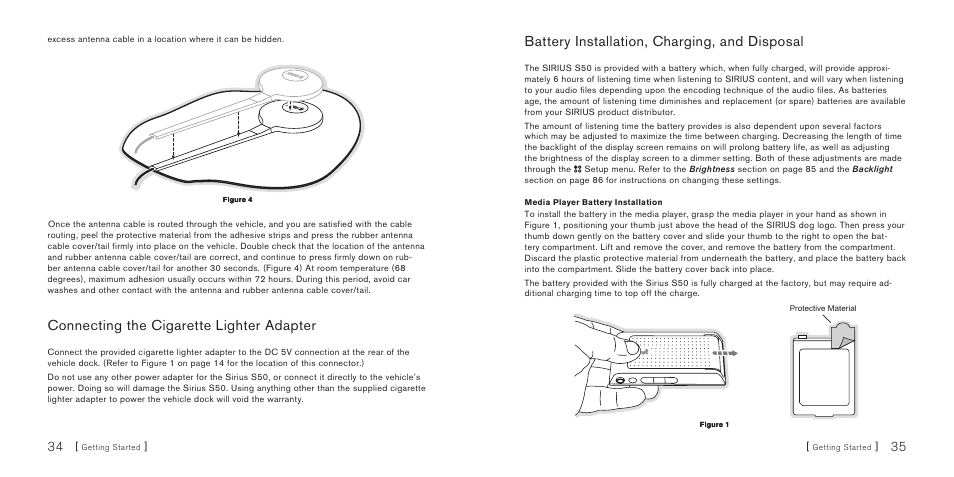 Connecting the cigarette lighter adapter, Battery installation, charging, and disposal | Sirius Satellite Radio S50 User Manual | Page 19 / 58