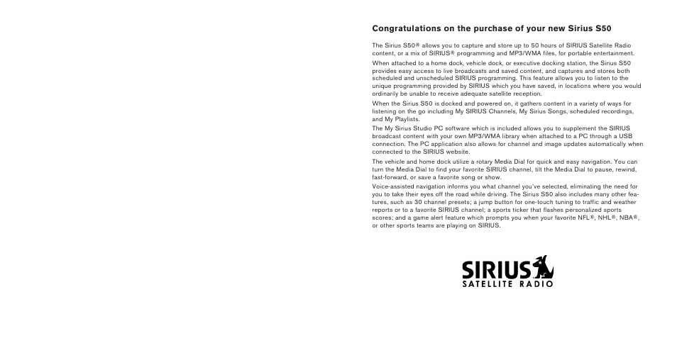 Sirius Satellite Radio S50 User Manual | Page 2 / 58