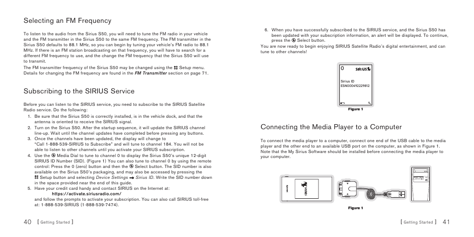 Selecting an fm frequency, Subscribing to the sirius service, Connecting the media player to a computer | Sirius Satellite Radio S50 User Manual | Page 22 / 58