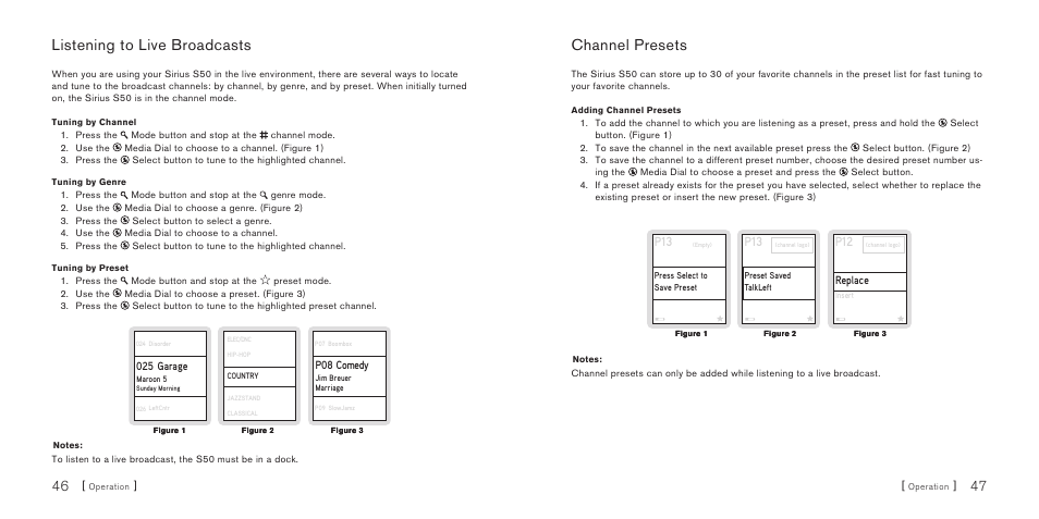 Listening to live broadcasts, Channel presets | Sirius Satellite Radio S50 User Manual | Page 25 / 58