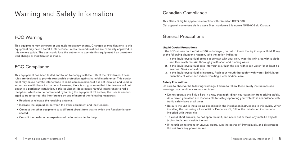 Warning and safety information, Fcc warning, Fcc compliance | Canadian compliance, General precautions | Sirius Satellite Radio S50 User Manual | Page 4 / 58