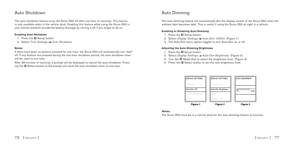 Auto shutdown, Auto dimming | Sirius Satellite Radio S50 User Manual | Page 40 / 58