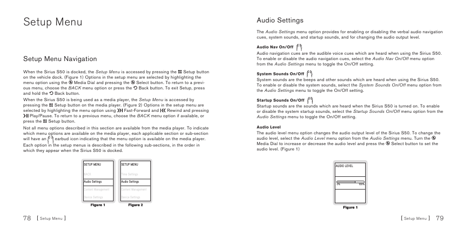 Setup menu, Setup menu navigation, Audio settings | Sirius Satellite Radio S50 User Manual | Page 41 / 58