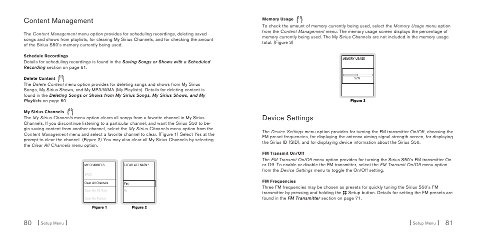Content management, Device settings | Sirius Satellite Radio S50 User Manual | Page 42 / 58