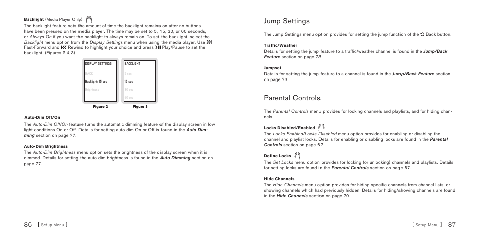 Jump settings, Parental controls | Sirius Satellite Radio S50 User Manual | Page 45 / 58