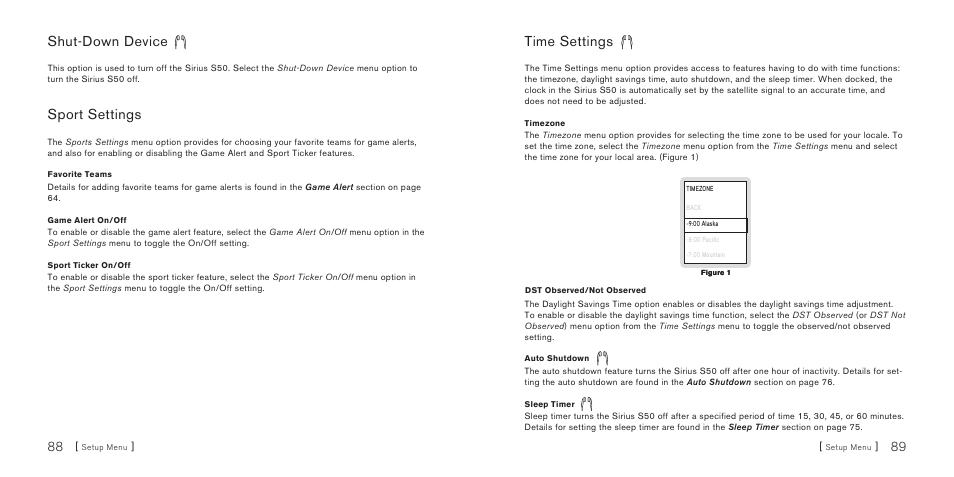 Shut-down device, Sport settings, Time settings | Sirius Satellite Radio S50 User Manual | Page 46 / 58