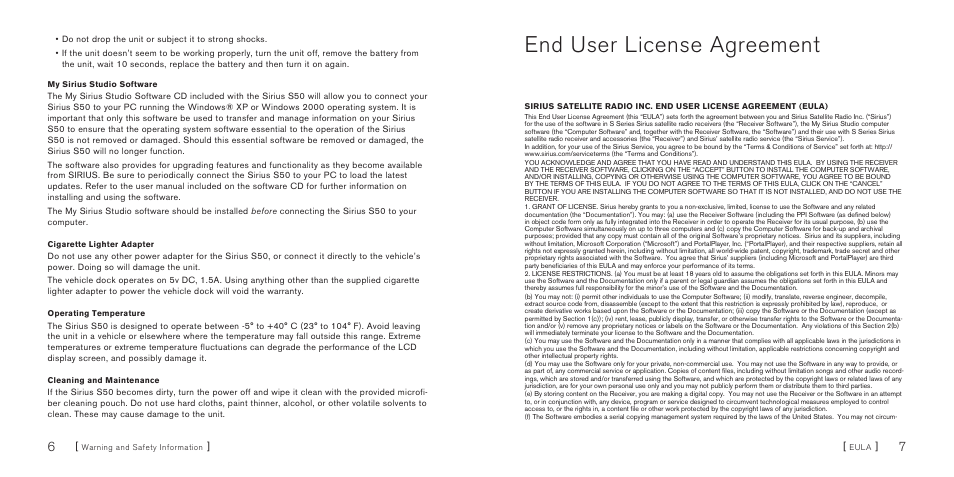 End user license agreement | Sirius Satellite Radio S50 User Manual | Page 5 / 58