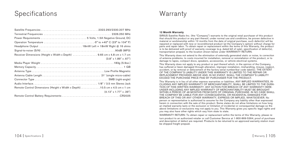 Specifications, Warranty | Sirius Satellite Radio S50 User Manual | Page 54 / 58