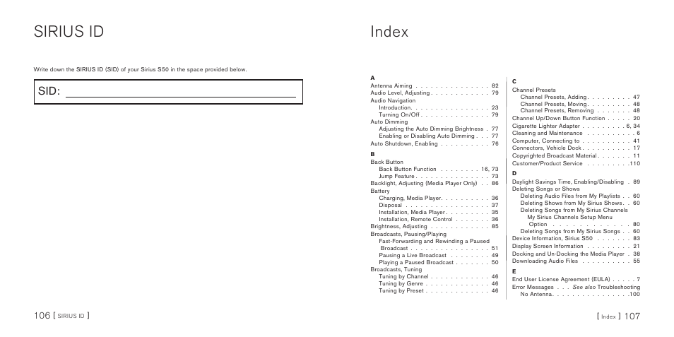 Sirius id, Index | Sirius Satellite Radio S50 User Manual | Page 55 / 58