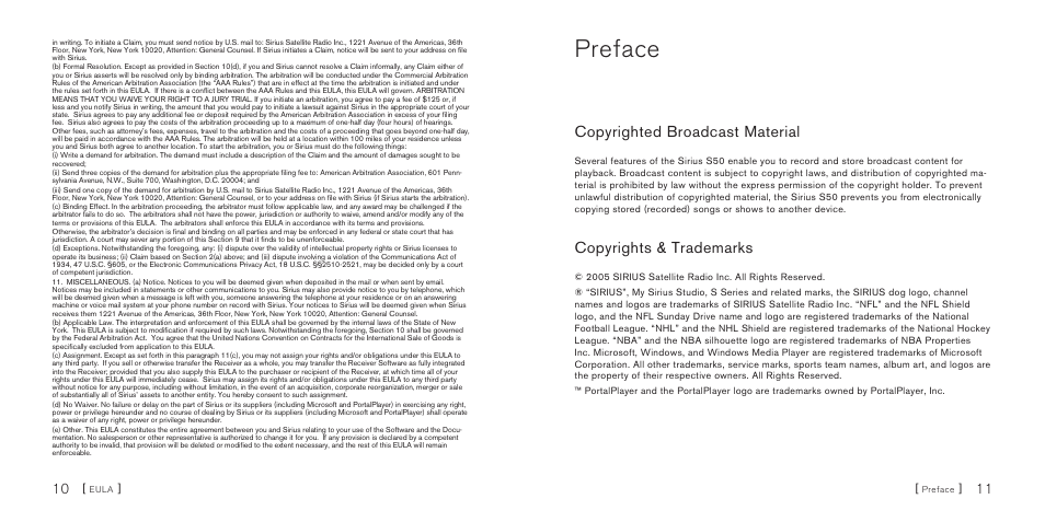 Preface, Copyrighted broadcast material, Copyrights & trademarks | Sirius Satellite Radio S50 User Manual | Page 7 / 58