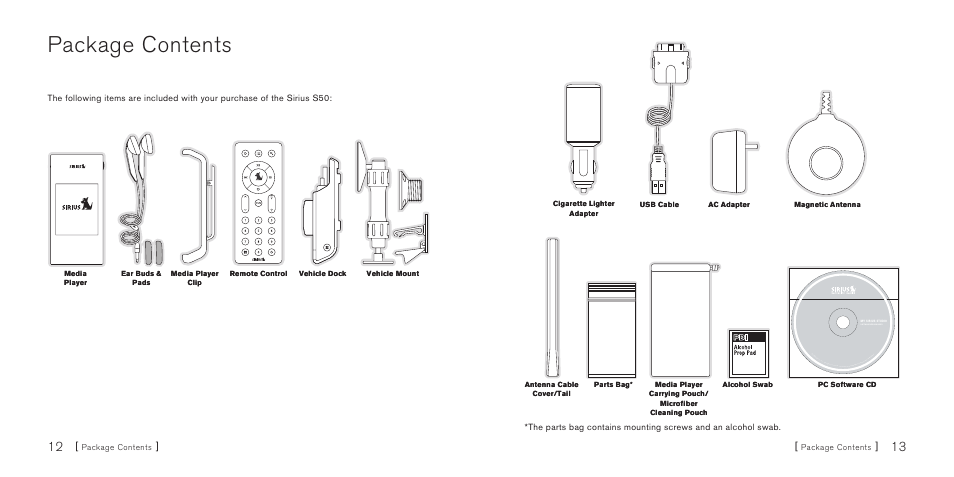 Package contents | Sirius Satellite Radio S50 User Manual | Page 8 / 58