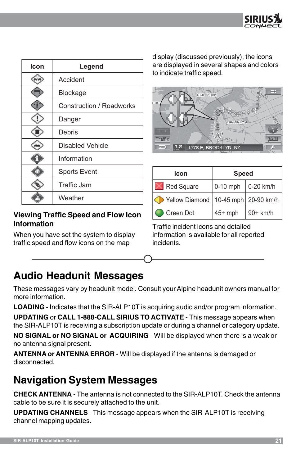 Audio headunit messages navigation system messages | Sirius Satellite Radio SIR-ALP10T User Manual | Page 21 / 24