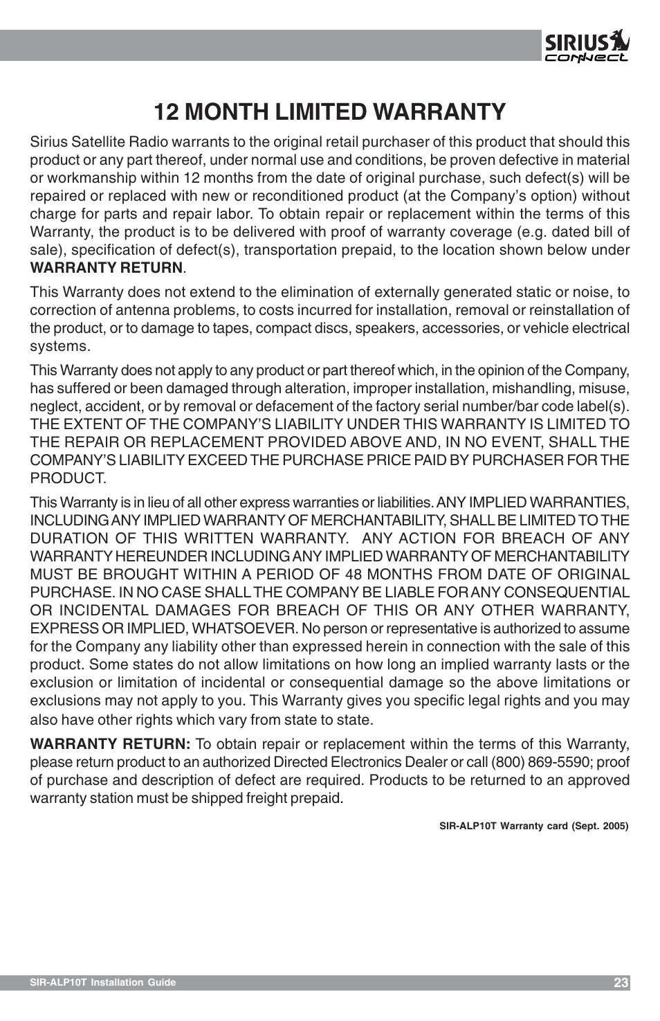 12 month limited warranty | Sirius Satellite Radio SIR-ALP10T User Manual | Page 23 / 24