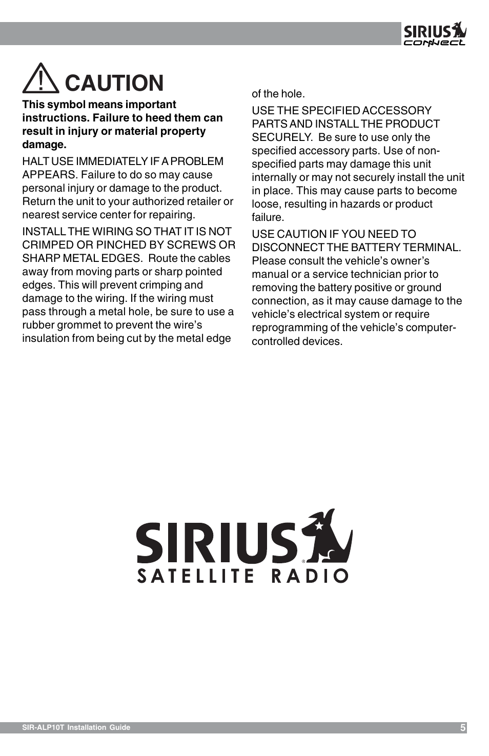 Caution | Sirius Satellite Radio SIR-ALP10T User Manual | Page 5 / 24