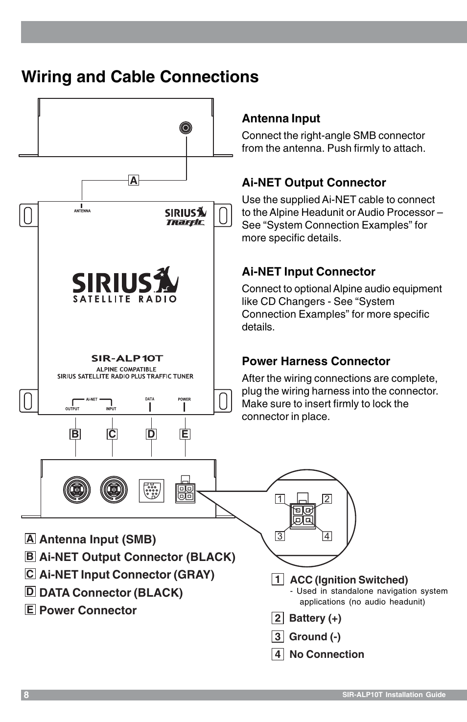 Wiring and cable connections | Sirius Satellite Radio SIR-ALP10T User Manual | Page 8 / 24